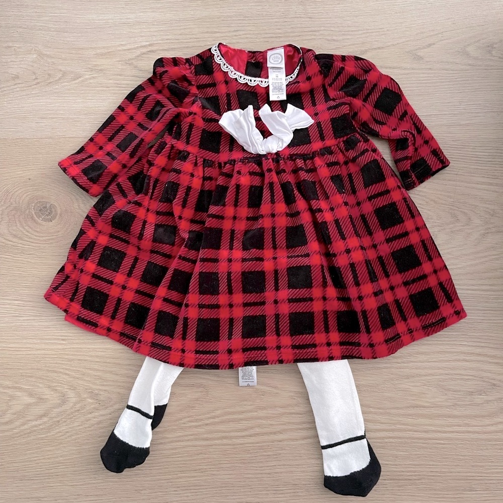 NWOT Little Me Red and Black Plaid Dress (with tights)